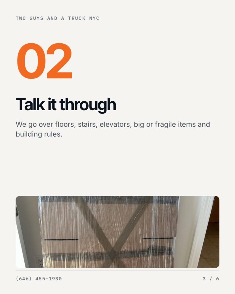 Step 2: talk it through: floors, stairs, elevators, big items, building rules